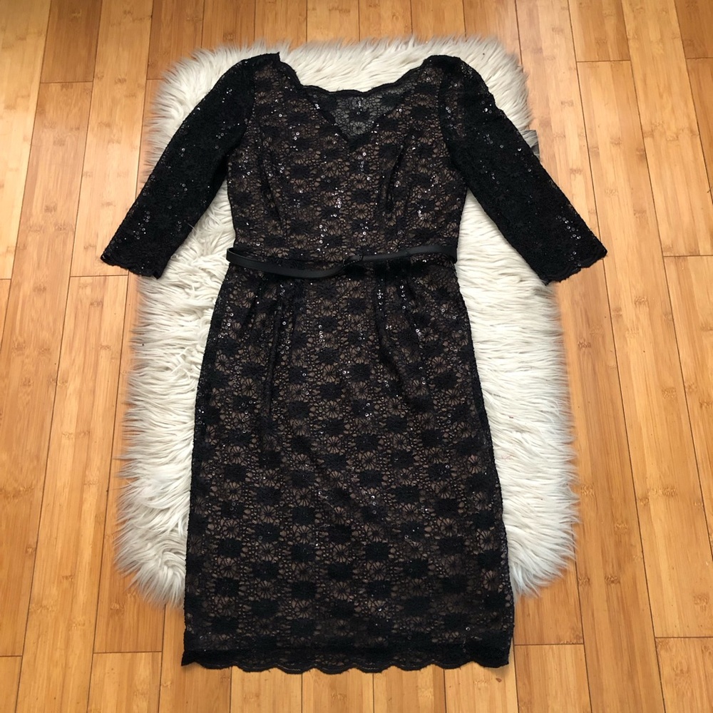 Alex Evenings Lace Sequins Belted Scalloped Hem Cocktail Black Sheath Dress 6